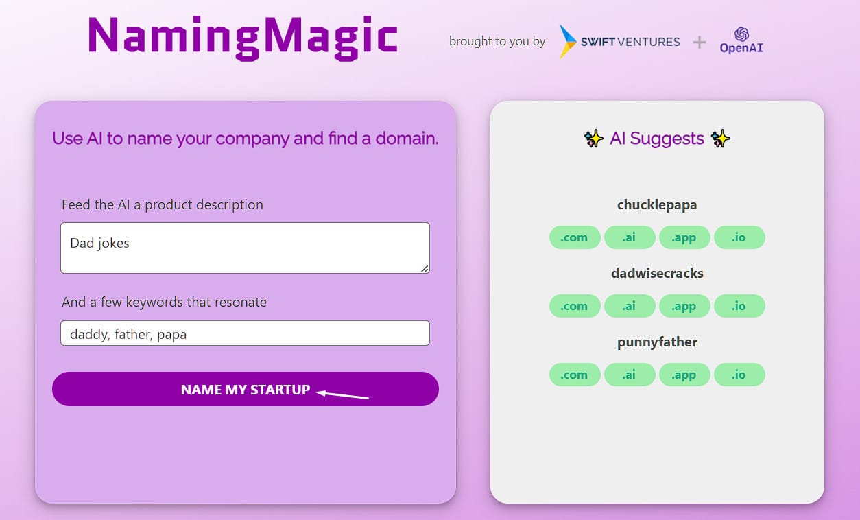Naming Magic AI tool for finding a name for startup